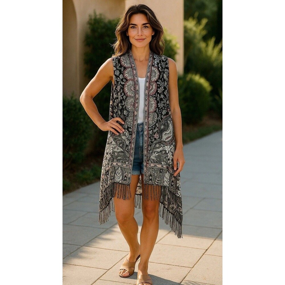 Soft Surroundings Fringe Duster Vest Black White Paisley Boho Festival Kimono - Picture 1 of 10